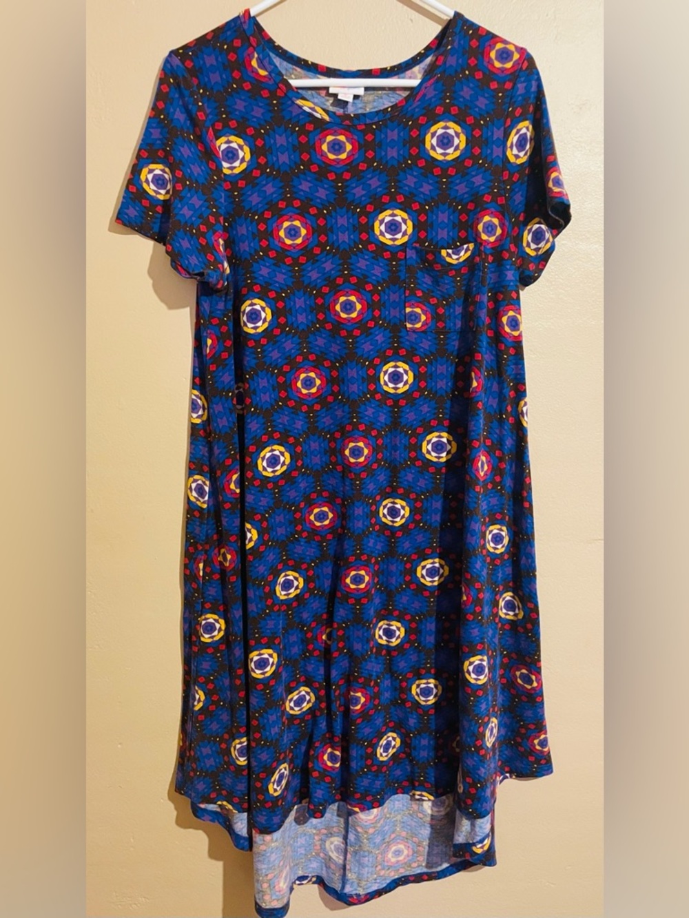 LuLaRoe Blue Geometric Patterned Top with Bright Accents